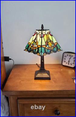 Tiffany Style Table Lamp Small Square Floral Mission Green Yellow Stained Glass