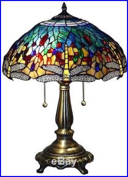 Tiffany Style Table Lamp Stained Glass Blue Dragonfly Desk Light Bronze Base