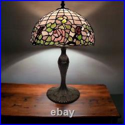 Tiffany Style Table Lamp Stained Glass Pink Roses Flowers 17-1/2 Tall