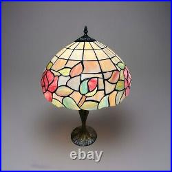 Tiffany Style Table Lamp Stained Glass Red Multi Color Flowers Vintage H23xW16