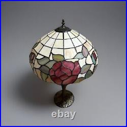 Tiffany Style Table Lamp Stained Glass Red Multi Color Flowers Vintage H23xW16