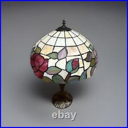 Tiffany Style Table Lamp Stained Glass Red Multi Color Flowers Vintage H23xW16