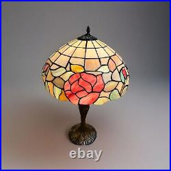 Tiffany Style Table Lamp Stained Glass Red Multi Color Flowers Vintage H23xW16