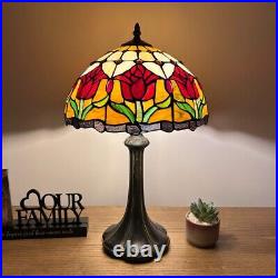 Tiffany Style Table Lamp Stained Glass Red Tulips LED Bulb Included 12W19H