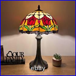 Tiffany Style Table Lamp Stained Glass Red Tulips LED Bulb Included 12W19H