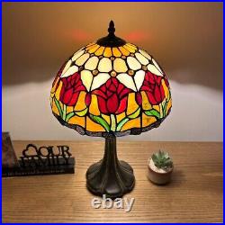 Tiffany Style Table Lamp Stained Glass Red Tulips LED Bulb Included 12W19H