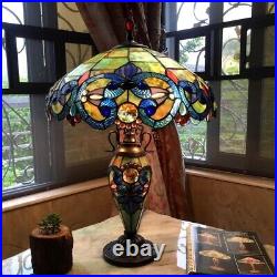 Tiffany Style Table Lamp Victorian Blue Green Teal Stained Glass Double Light