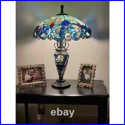 Tiffany Style Table Lamp Victorian Blue Green Teal Stained Glass Double Light