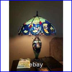 Tiffany Style Table Lamp Victorian Blue Green Teal Stained Glass Double Light