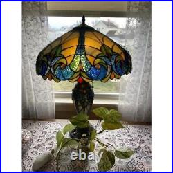 Tiffany Style Table Lamp Victorian Green Blue Amber Elegant Stained Glass 24.75