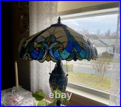 Tiffany Style Table Lamp Victorian Green Blue Amber Elegant Stained Glass 24.75