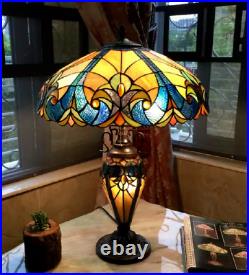 Tiffany Style Table Lamp Victorian Green Blue Amber Elegant Stained Glass 24.75