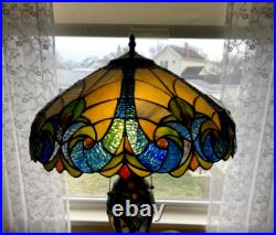 Tiffany Style Table Lamp Victorian Green Blue Amber Elegant Stained Glass 24.75