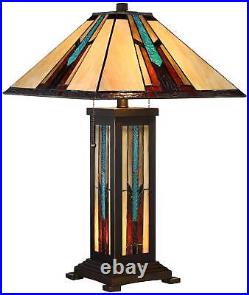 Tiffany Style Table Lamp with Nightlight Mission Bronze Art Glass Living Room