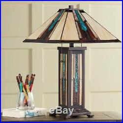 Tiffany Style Table Lamp with Nightlight Mission Bronze Art Glass Living Room