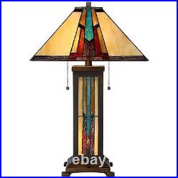 Tiffany Style Table Lamp with Nightlight Mission Bronze Art Glass Living Room