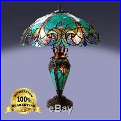 Tiffany Style Table Lamp with Vibrant Blue Green Handcrafted Cut Glass