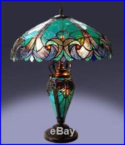 Tiffany Style Table Lamp with Vibrant Blue Green Handcrafted Cut Glass