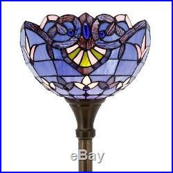 Tiffany Style Torchiere Floor Lamp Blue Peach Jewel Stained Glass Shade 66 High