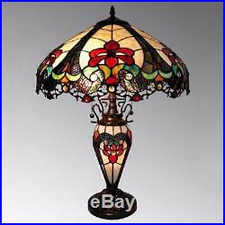Tiffany Style Traditional Victorian 2 Light Table Lamp Red Amber Stained Glass