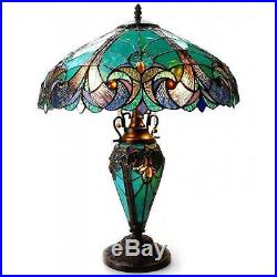 Tiffany Style Victorian Table Lamp 3 Light Green Stained Glass Shade