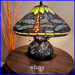 Tiffany Style Vivid Green Dragonfly Stained Glass Table Lamp Elegant Mosaic Base