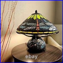 Tiffany Style Vivid Green Dragonfly Stained Glass Table Lamp Elegant Mosaic Base