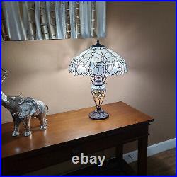 Tiffany Style White Stained Glass Victorian Floral Double Lit Table Lamp