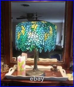 Tiffany Style Wisteria Table Lamp Blue Green Stained Glass Elegant Accent Light