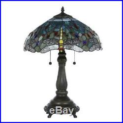 Tiffany Table Lamp Blue Dragonfly 25 in. Bronze Handcrafted Stained Glass Shades