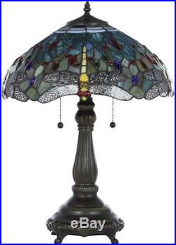 Tiffany Table Lamp Bronze Handcrafted Stained Glass Shades Blue Dragonfly 25 in