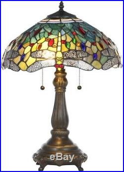 Tiffany Table Lamp Bronze Handcrafted Stained Glass Shades Blue Dragonfly 25 in