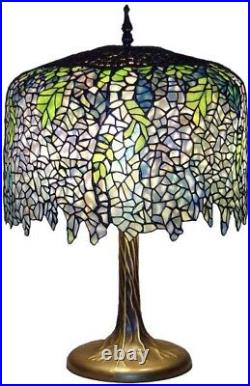 Tiffany Wisteria Table Lamp 27 in. Bronze Tree Trunk Base Handcrafted Hand Cut