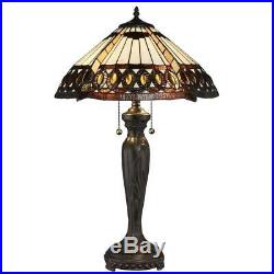 Tiffany amberjack 26 in. Bronze table lamp stained glass shade light pull base