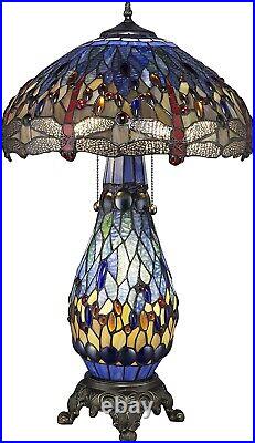 Tiffany-style Blue Dragonfly Table Lamp with Lighted Base Stained Glass New