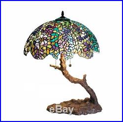 Tiffany-style Green Purple Stained Glass Shade Branch Shape Stem & Base 25 High