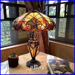 Tiffany-style Table Lamp Lighted Base 2 Lights Victorian Stained Glass Light New