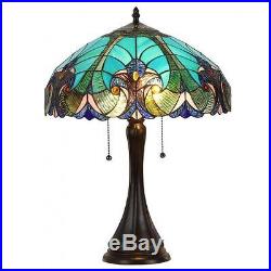 Tiffany style Victorian 2 light Table Lamp Blue Stain Glass Shade Antique Décor