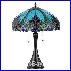 Tiffany style Victorian 2 light Table Lamp Blue Stain Glass Shade Antique Décor