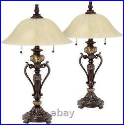 Traditional Table Lamps 26 High Set of 2 Bronze Alabaster Glass Shade Bedroom