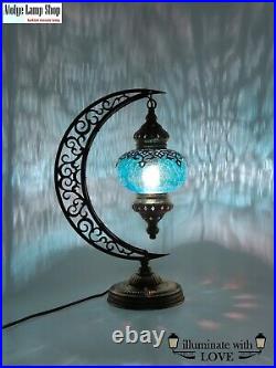 Turkish Moon Table Lamp Cracked Pattern Glass