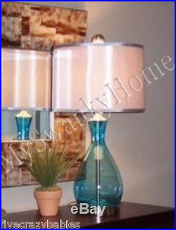 Turquoise AQUA BLUE Table Lamp PAIR Set MOUTH BLOWN GLASS Contemporary Horchow