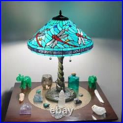 Turquoise Blue Green Tiffany Style Stained Glass Dragonfly Table Lamp 25in