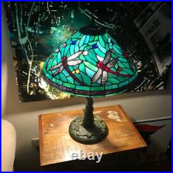 Turquoise Blue Green Tiffany Style Stained Glass Dragonfly Table Lamp 25in