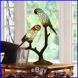 Two Parrot Tiffany Stained Glass Resin Base Bedside Table Light Lamp Home Decor