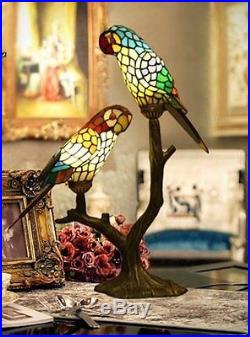 Two Parrot Tiffany Stained Glass Resin Base Bedside Table Light Lamp Home Decor