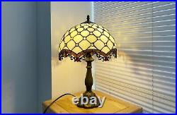 US Tiffany Stained Glass Table Lamp Beige Desk Light Vintage Decor 14/18 Tall