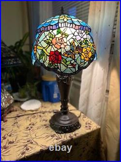 Unique Vintage Tiffany Style Table Lamp Stained Glass Flowers and Butterfly H28