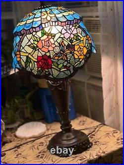 Unique Vintage Tiffany Style Table Lamp Stained Glass Flowers and Butterfly H28