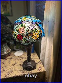 Unique Vintage Tiffany Style Table Lamp Stained Glass Flowers and Butterfly H28